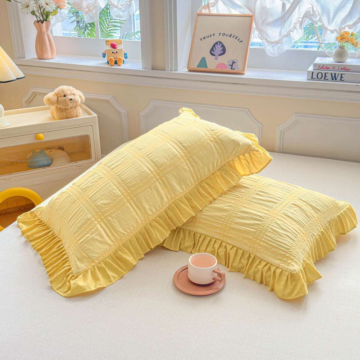 91家纺网 家纺一手货源 找家纺 梵克保罗 2026新款公主风小清新泡泡纱花边枕套 黄色