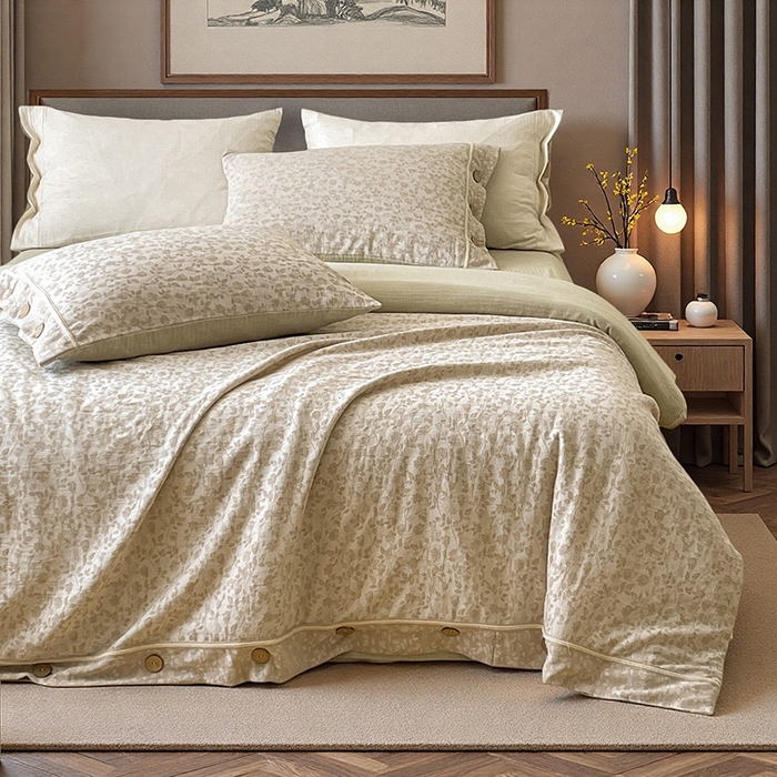 91家纺网 家纺一手货源 找家纺 （总）树下 2026新款A类色织提花纽扣款棉麻四件套