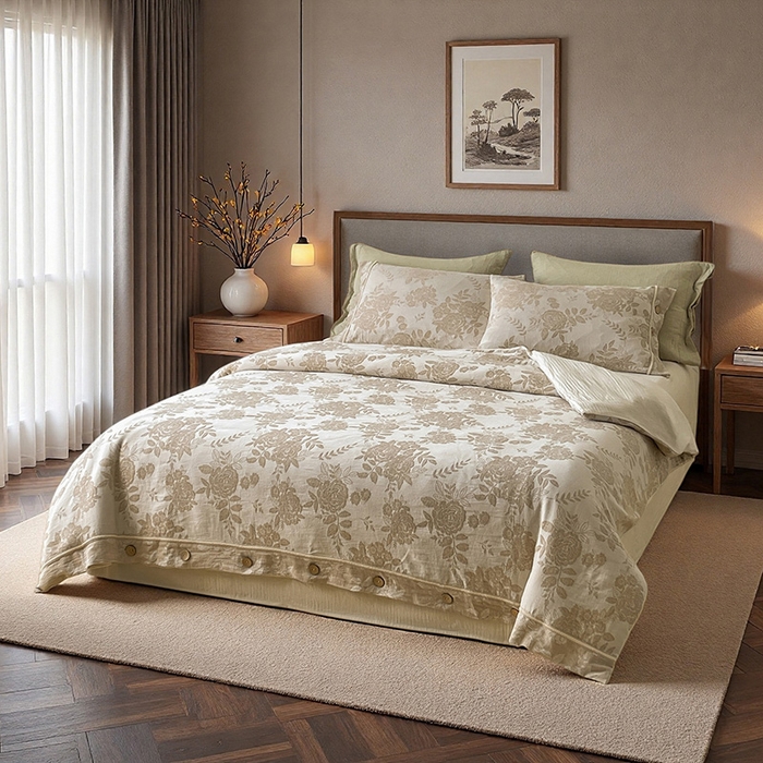 91家纺网 家纺一手货源 找家纺 （总）树下 2026新款A类色织提花纽扣款棉麻四件套