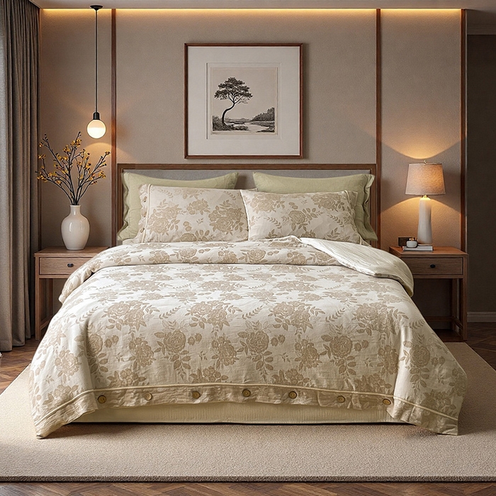 91家纺网 家纺一手货源 找家纺 （总）树下 2026新款A类色织提花纽扣款棉麻四件套