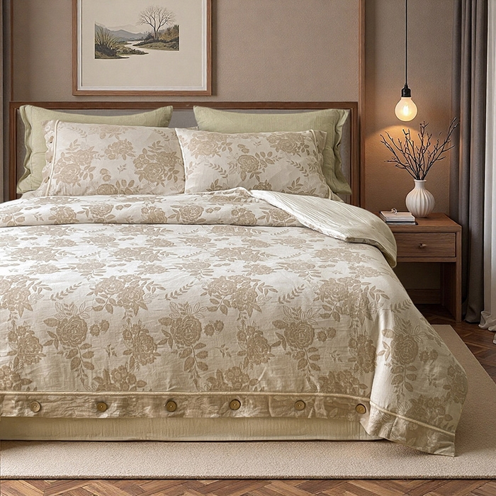 91家纺网 家纺一手货源 找家纺 （总）树下 2026新款A类色织提花纽扣款棉麻四件套