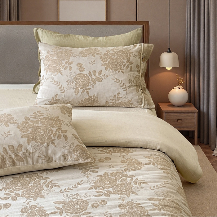 91家纺网 家纺一手货源 找家纺 （总）树下 2026新款A类色织提花纽扣款棉麻四件套