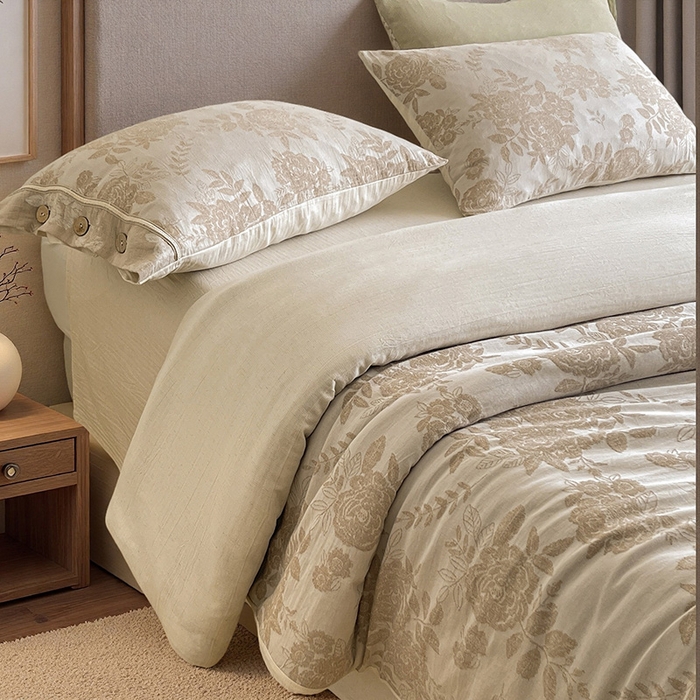 91家纺网 家纺一手货源 找家纺 （总）树下 2026新款A类色织提花纽扣款棉麻四件套