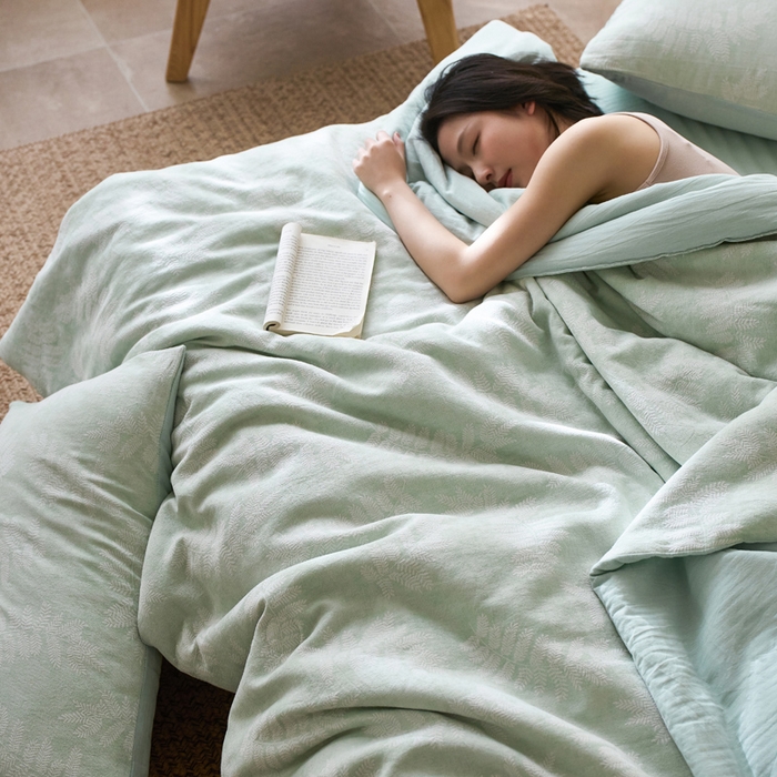 91家纺网 家纺一手货源 找家纺 如一 2026新款60S全棉色织提花三层纱夏被四件套-诗韵系列 诗韵绿