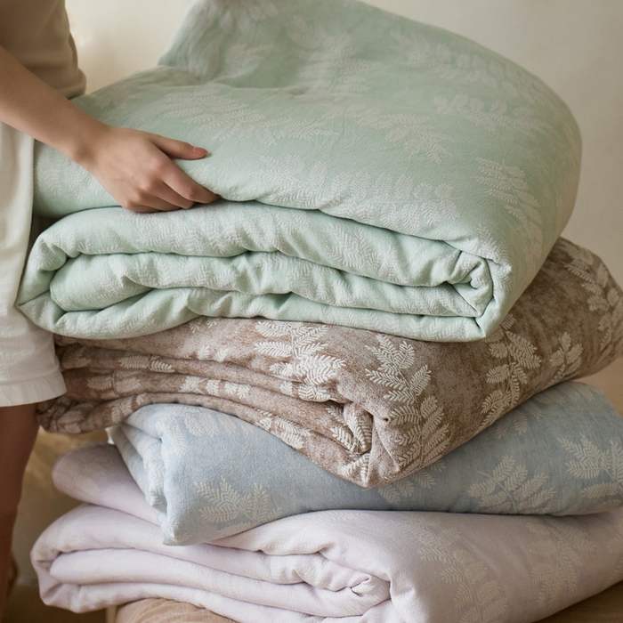 91家纺网 家纺一手货源 找家纺 如一 2026新款60S全棉色织提花三层纱夏被四件套-诗韵系列 组合