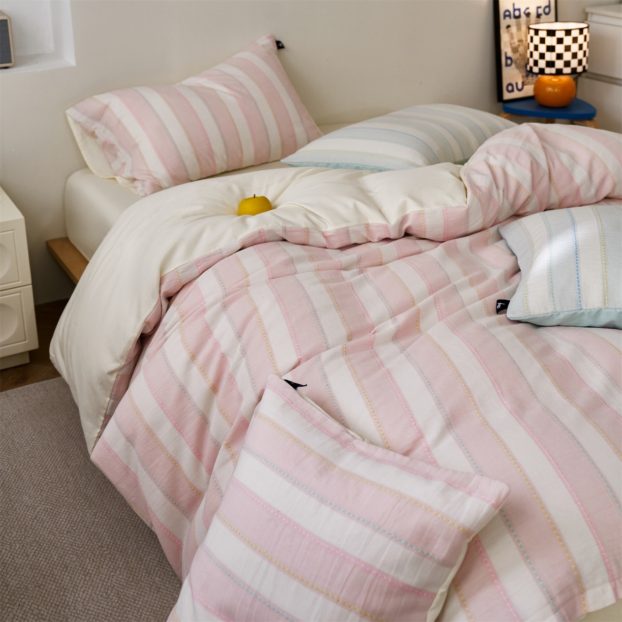 91家纺网 家纺一手货源 找家纺 （总）安莱生活 2026年新款菊花纱缎染纱布全棉提花奶油布丁四件套