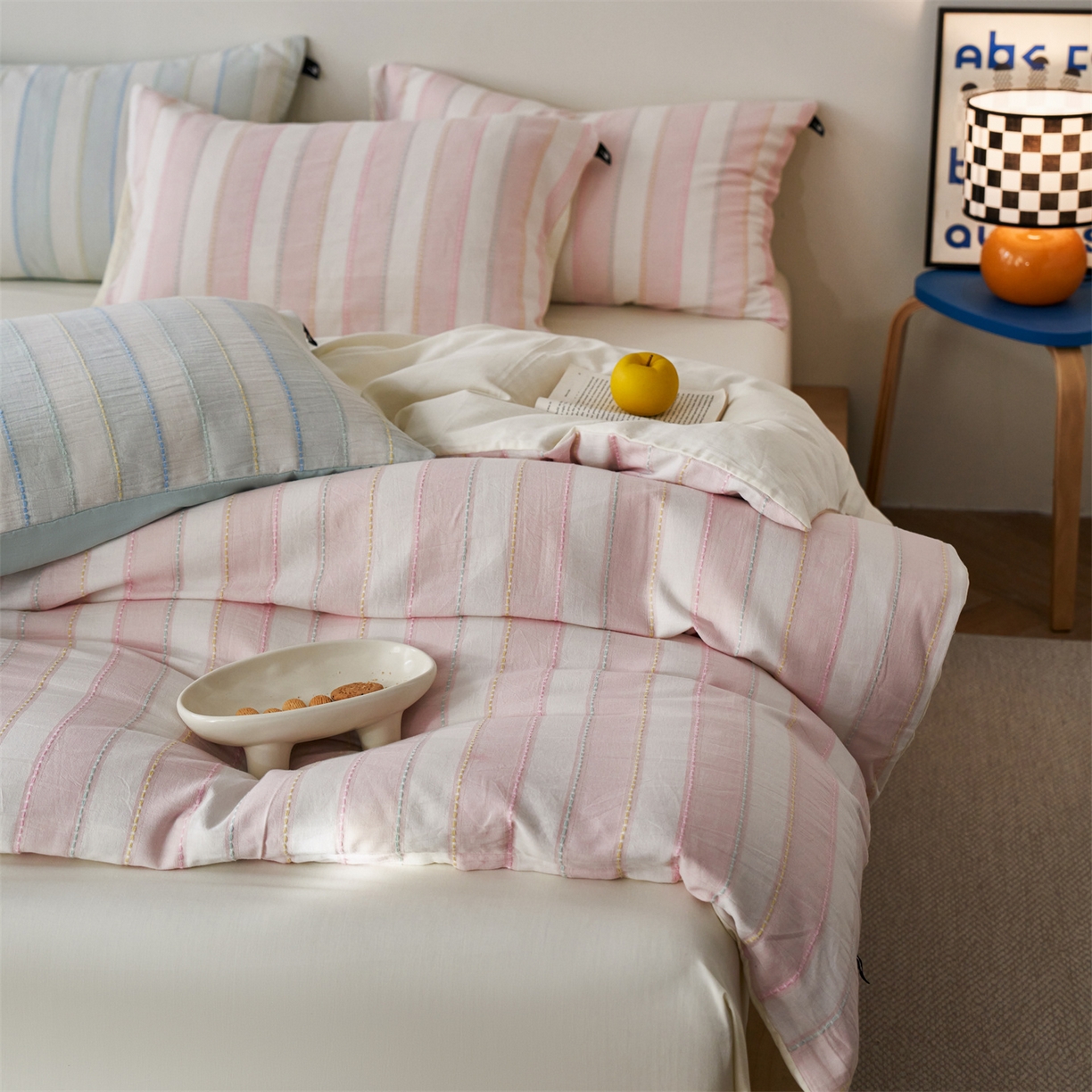 91家纺网 家纺一手货源 找家纺 （总）安莱生活 2026年新款菊花纱缎染纱布全棉提花奶油布丁四件套