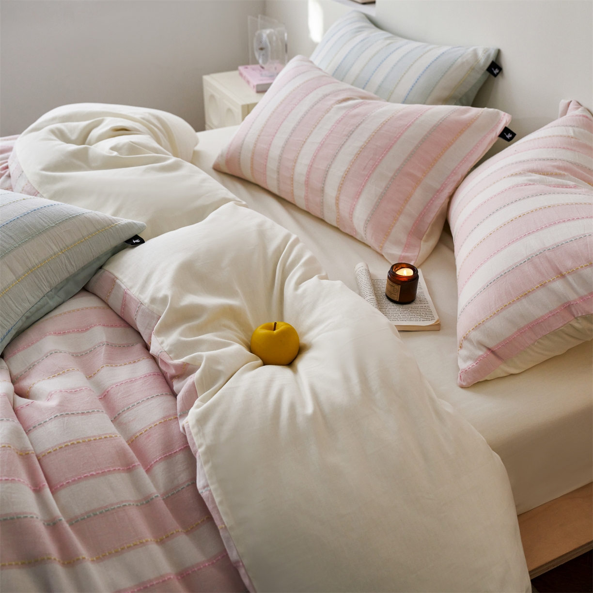 91家纺网 家纺一手货源 找家纺 （总）安莱生活 2026年新款菊花纱缎染纱布全棉提花奶油布丁四件套