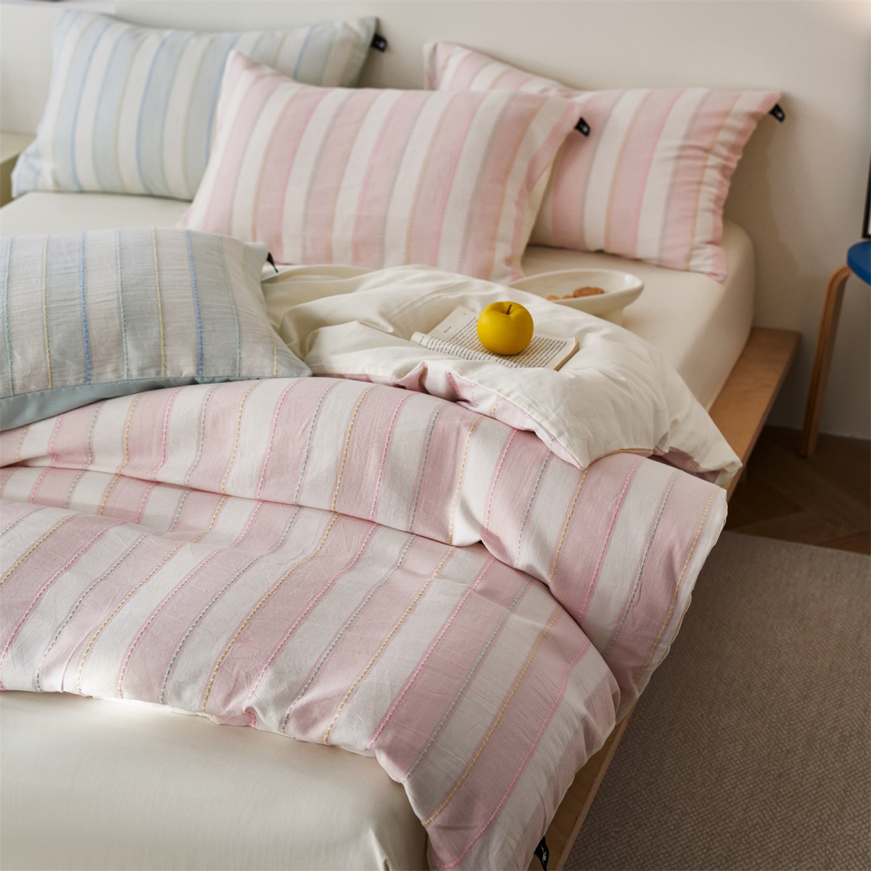 91家纺网 家纺一手货源 找家纺 （总）安莱生活 2026年新款菊花纱缎染纱布全棉提花奶油布丁四件套