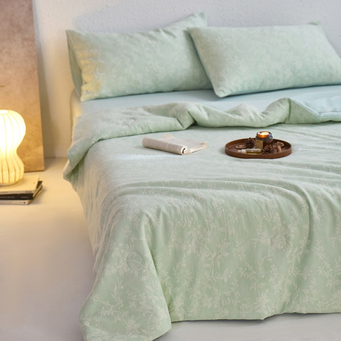 如一 2026新款60S全棉色织提花三层纱夏被四件套叶蔓系列 叶蔓绿