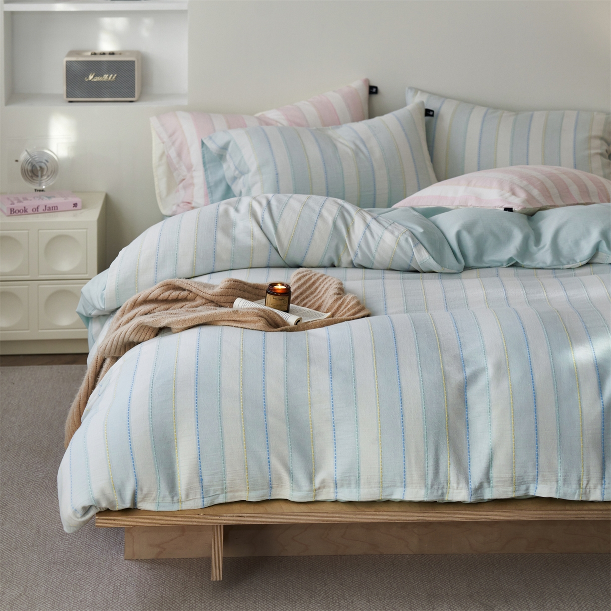 91家纺网 家纺一手货源 找家纺 安莱生活 2026年新款菊花纱缎染纱布全棉提花奶油布丁四件套 奶油布丁-淡蓝