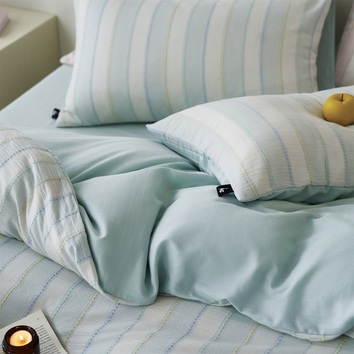 91家纺网 家纺一手货源 找家纺 安莱生活 2026年新款菊花纱缎染纱布全棉提花奶油布丁四件套 奶油布丁-淡蓝