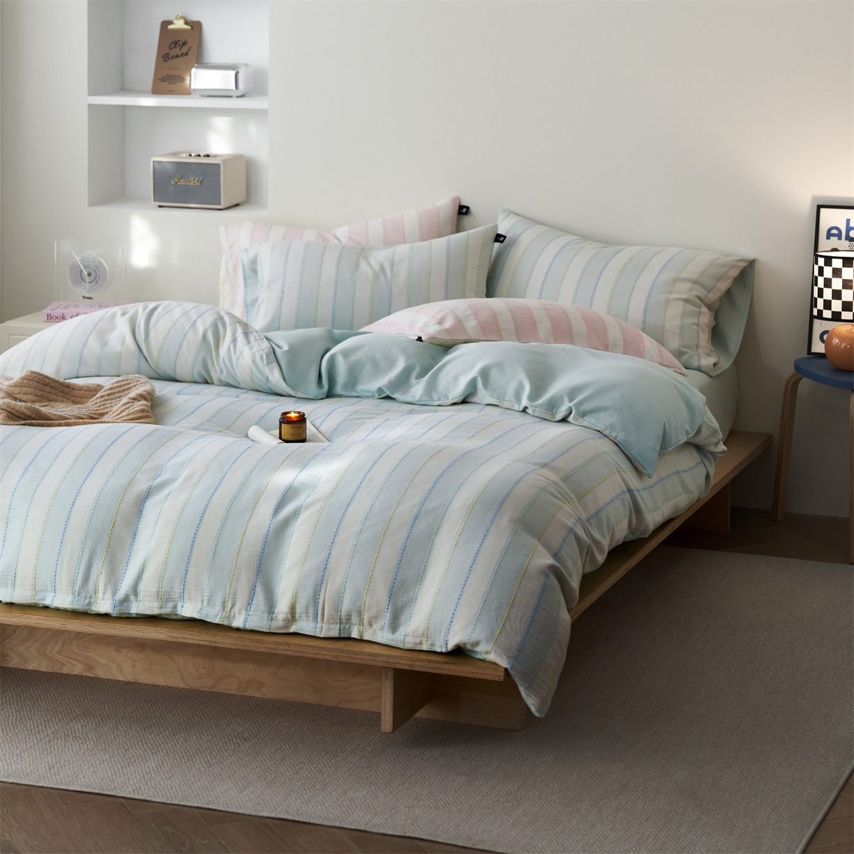 91家纺网 家纺一手货源 找家纺 安莱生活 2026年新款菊花纱缎染纱布全棉提花奶油布丁四件套 奶油布丁-淡蓝