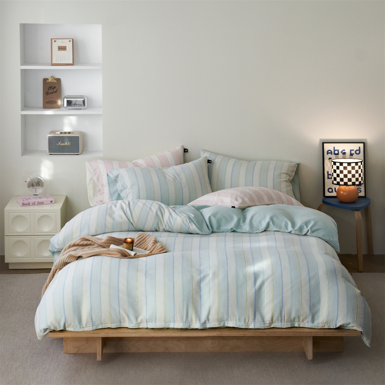 91家纺网 家纺一手货源 找家纺 安莱生活 2026年新款菊花纱缎染纱布全棉提花奶油布丁四件套 奶油布丁-淡蓝