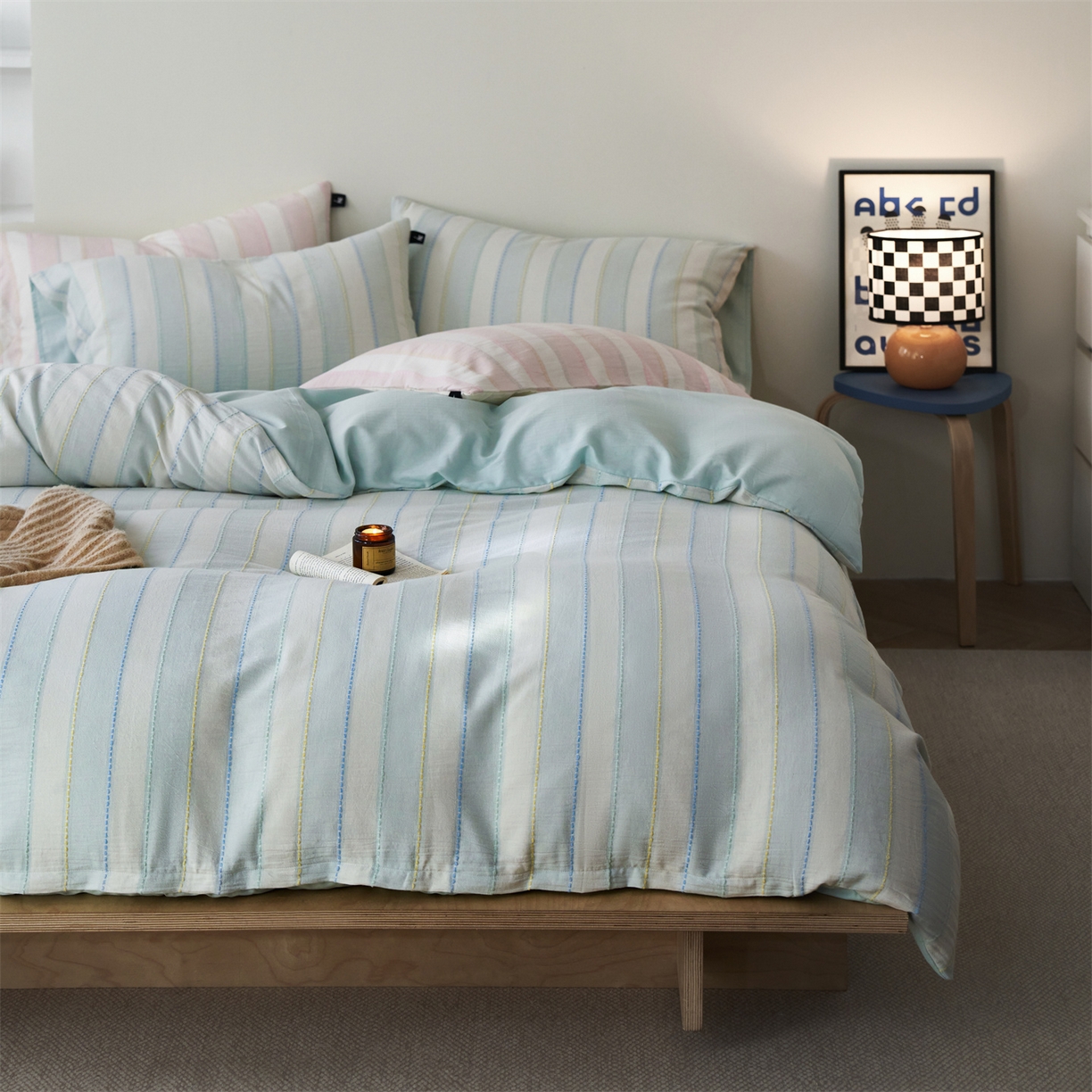 91家纺网 家纺一手货源 找家纺 安莱生活 2026年新款菊花纱缎染纱布全棉提花奶油布丁四件套 奶油布丁-淡蓝