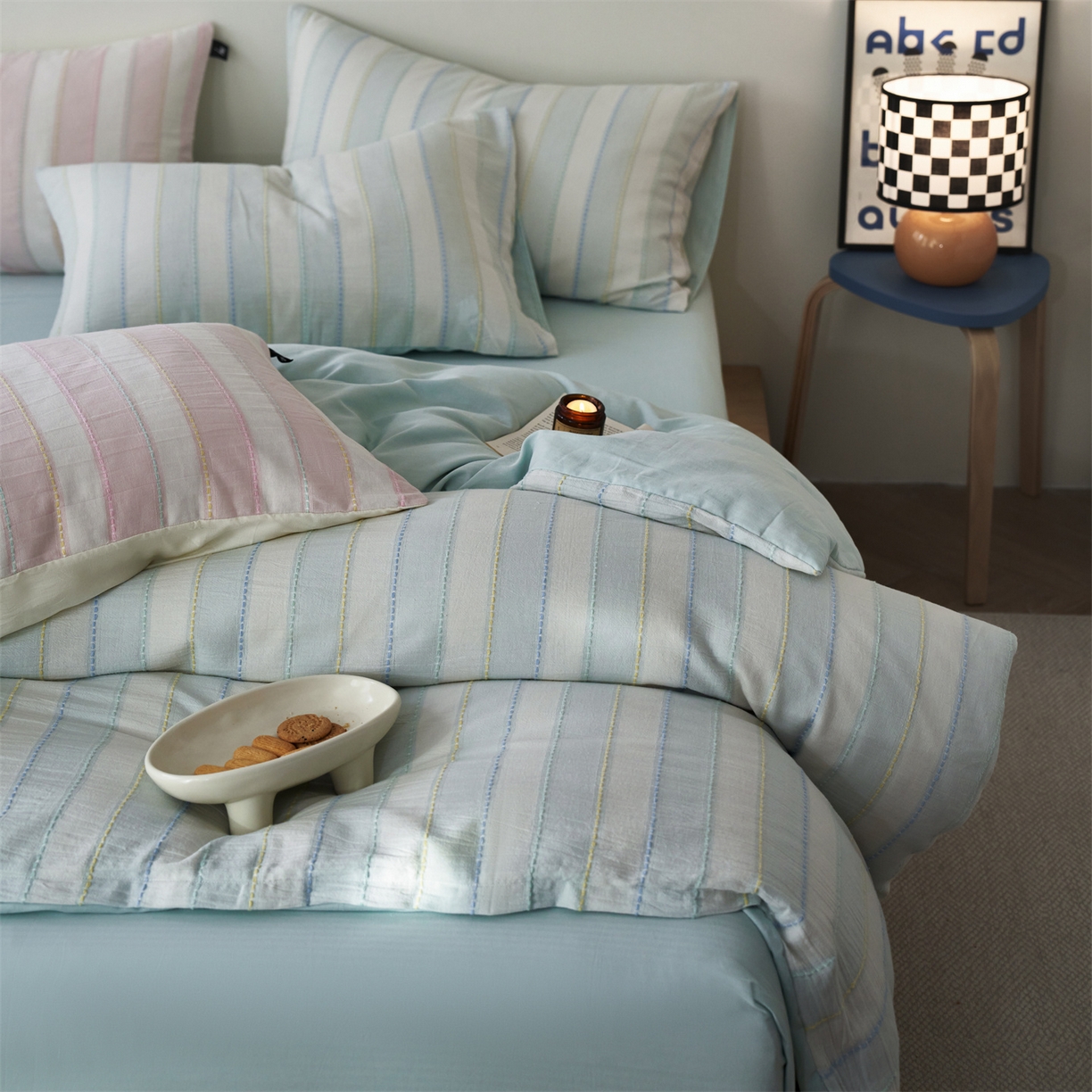 91家纺网 家纺一手货源 找家纺 安莱生活 2026年新款菊花纱缎染纱布全棉提花奶油布丁四件套 奶油布丁-淡蓝