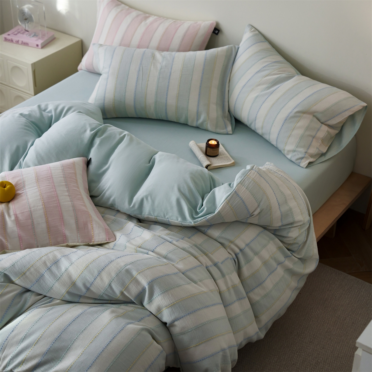 91家纺网 家纺一手货源 找家纺 安莱生活 2026年新款菊花纱缎染纱布全棉提花奶油布丁四件套 奶油布丁-淡蓝