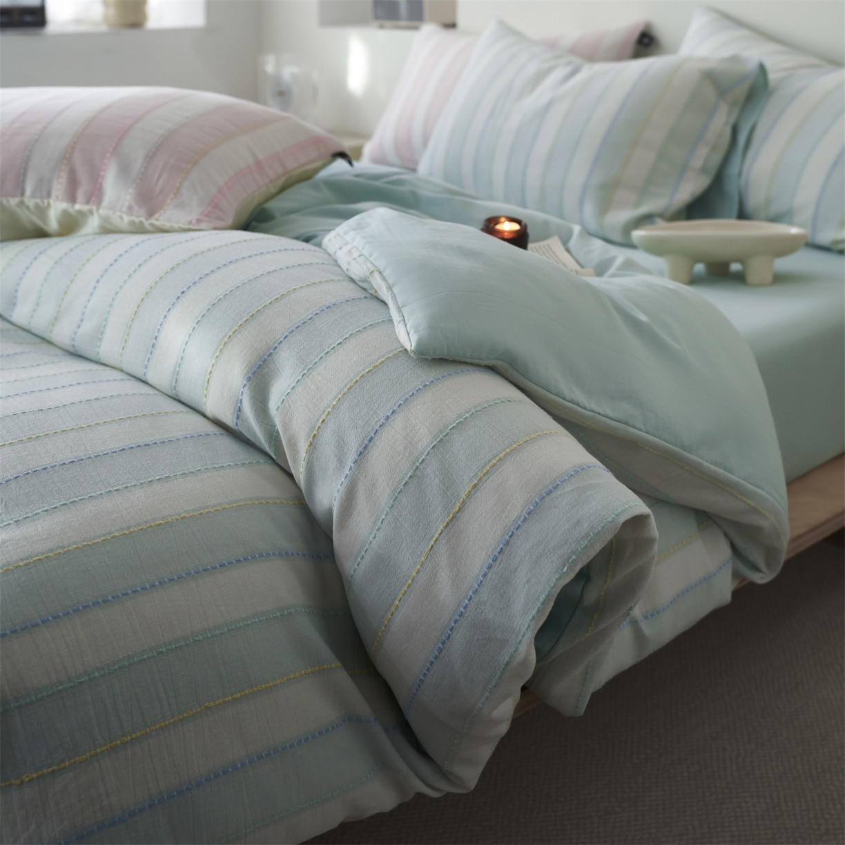 安莱生活 2026年新款菊花纱缎染纱布全棉提花奶油布丁四件套 奶油布丁-淡蓝