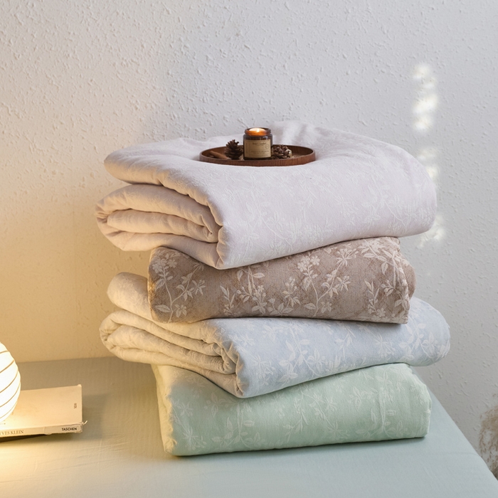 91家纺网 家纺一手货源 找家纺 如一 2026新款60S全棉色织提花三层纱夏被四件套叶蔓系列 组合