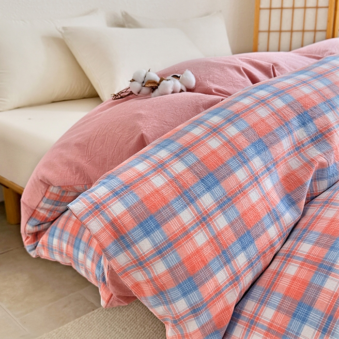 91家纺网 家纺一手货源 找家纺 家贝爱 2026新款全棉纯棉水洗色织被套单件被套单品单被套 蓝橙格