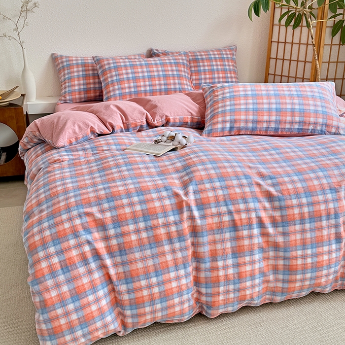 91家纺网 家纺一手货源 找家纺 家贝爱 2026新款全棉纯棉水洗色织被套单件被套单品单被套 蓝橙格