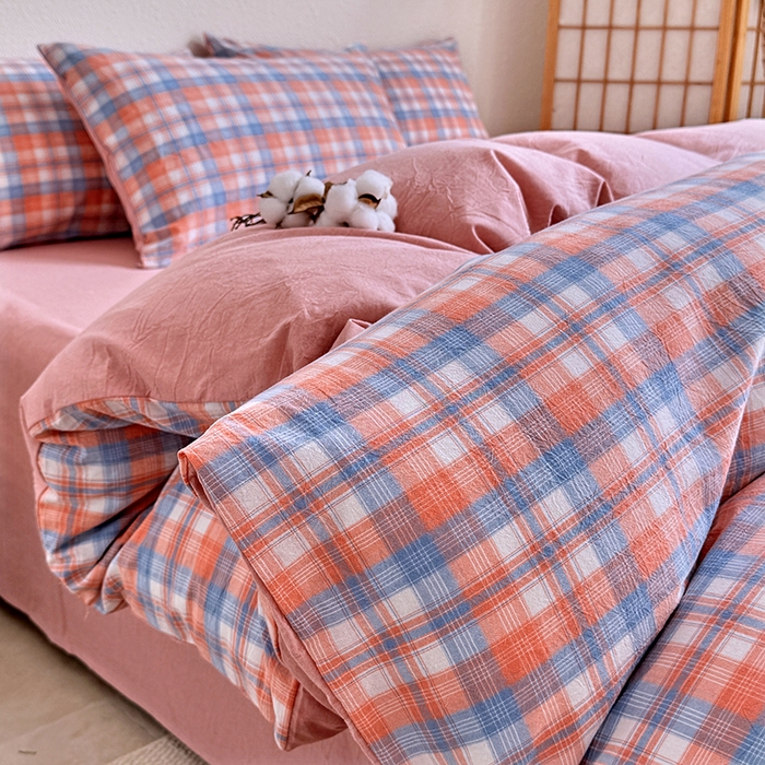 91家纺网 家纺一手货源 找家纺 家贝爱 2026新款全棉纯棉水洗色织被套单件被套单品单被套 蓝橙格