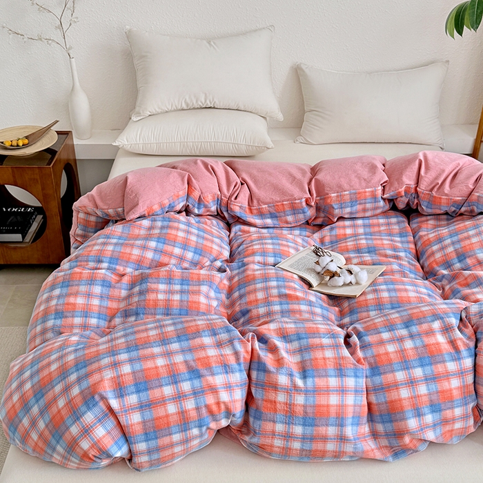 91家纺网 家纺一手货源 找家纺 家贝爱 2026新款全棉纯棉水洗色织被套单件被套单品单被套 蓝橙格