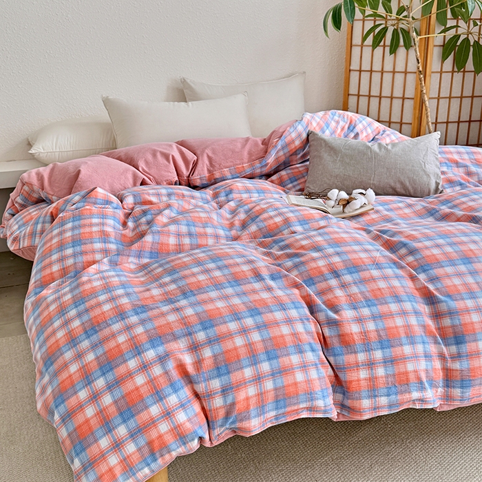 91家纺网 家纺一手货源 找家纺 家贝爱 2026新款全棉纯棉水洗色织被套单件被套单品单被套 蓝橙格