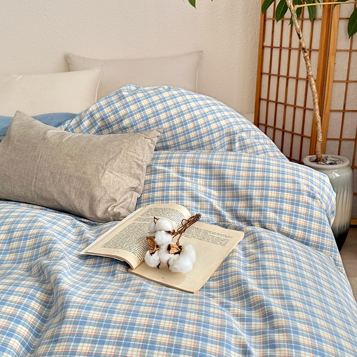 91家纺网 家纺一手货源 找家纺 家贝爱 2026新款全棉纯棉水洗色织被套单件被套单品单被套 蓝黄格