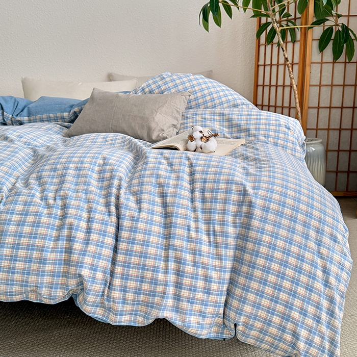 91家纺网 家纺一手货源 找家纺 家贝爱 2026新款全棉纯棉水洗色织被套单件被套单品单被套 蓝黄格