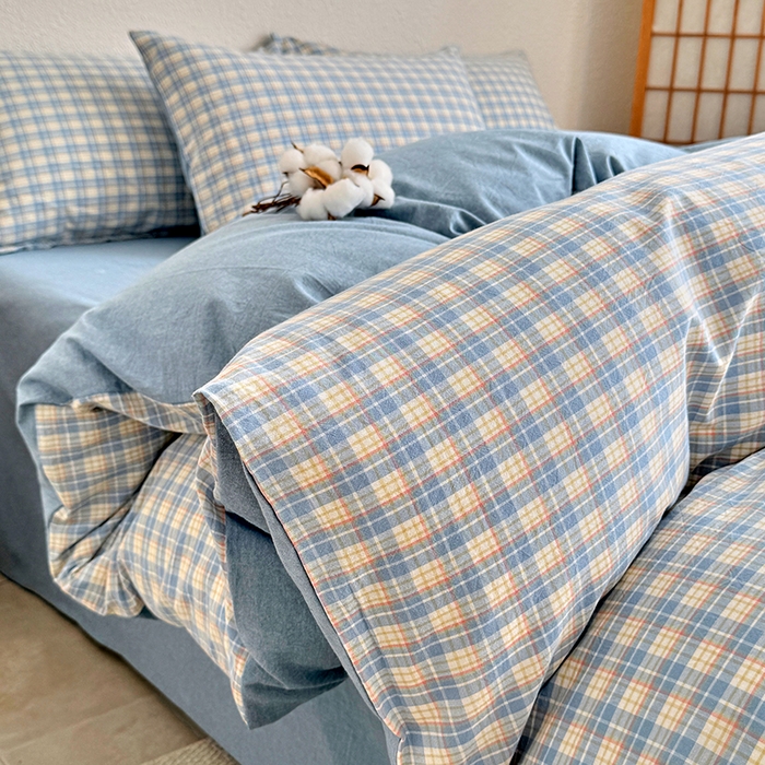 91家纺网 家纺一手货源 找家纺 家贝爱 2026新款全棉纯棉水洗色织被套单件被套单品单被套 蓝黄格