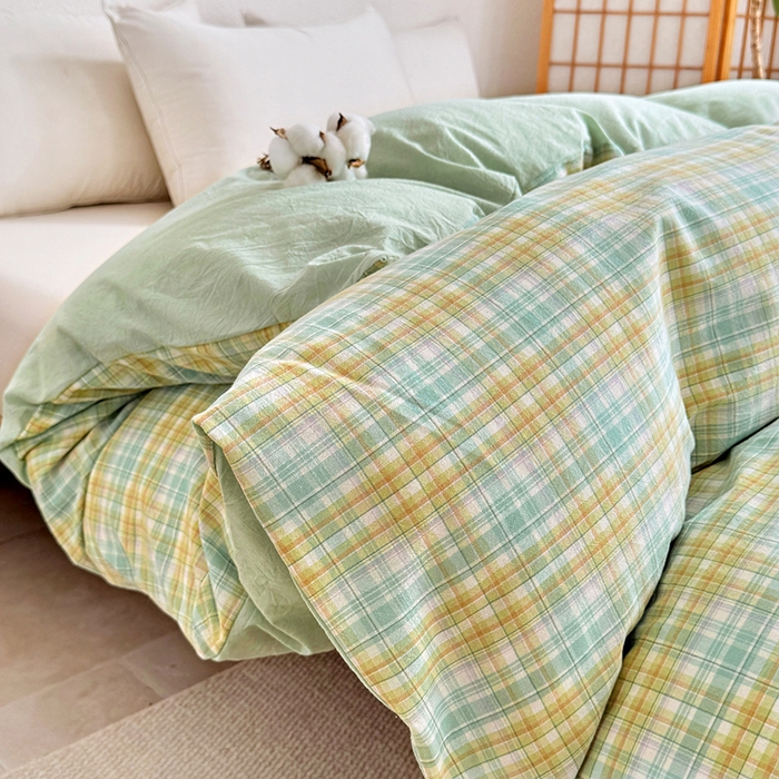 91家纺网 家纺一手货源 找家纺 家贝爱 2026新款全棉纯棉水洗色织被套单件被套单品单被套 马卡绿格