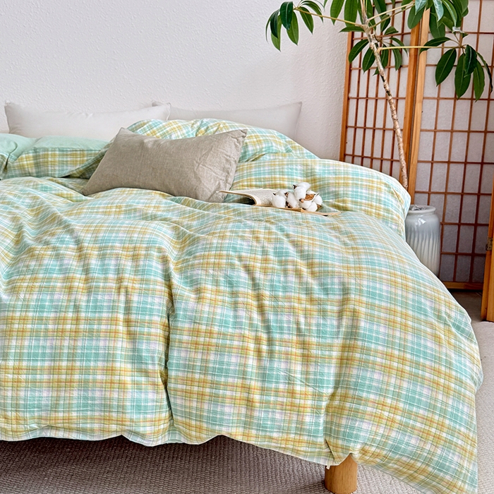 91家纺网 家纺一手货源 找家纺 家贝爱 2026新款全棉纯棉水洗色织被套单件被套单品单被套 马卡绿格