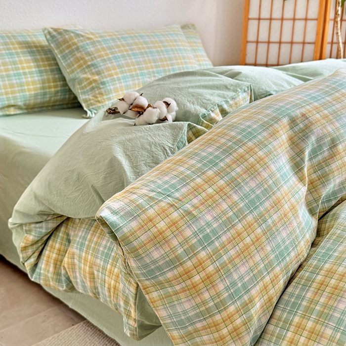 91家纺网 家纺一手货源 找家纺 家贝爱 2026新款全棉纯棉水洗色织被套单件被套单品单被套 马卡绿格
