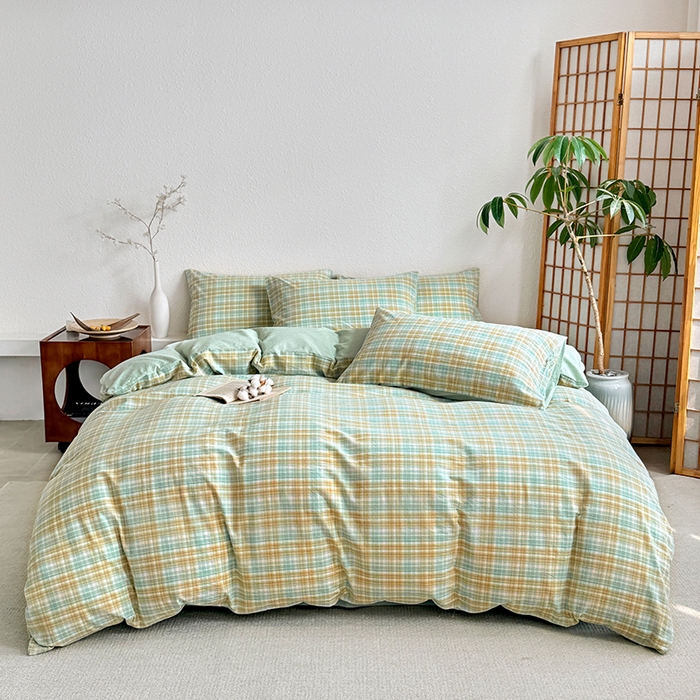 91家纺网 家纺一手货源 找家纺 家贝爱 2026新款全棉纯棉水洗色织被套单件被套单品单被套 马卡绿格