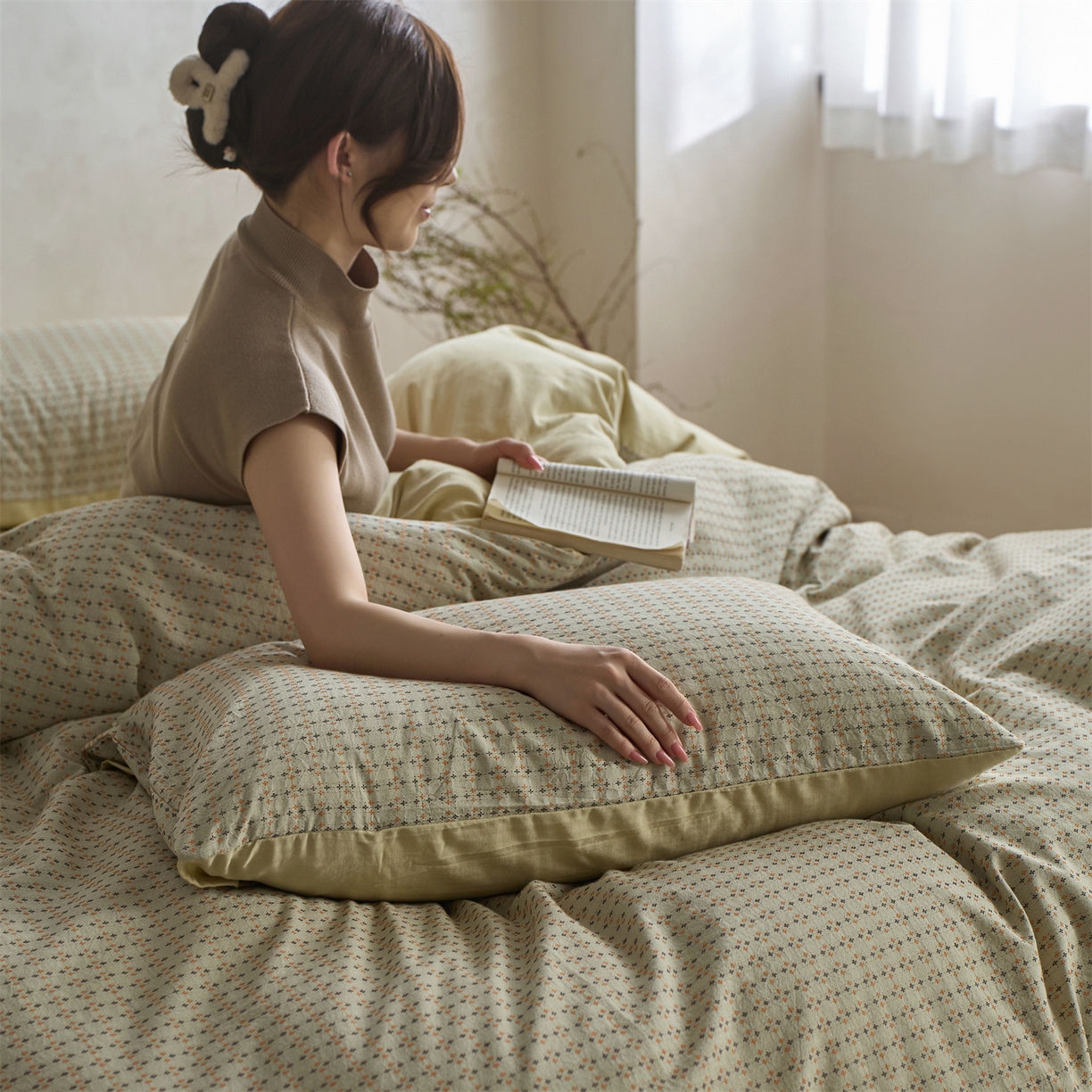 91家纺网 家纺一手货源 找家纺 （总） 安莱生活 2026年新款水洗棉提花松栗小禾四件套