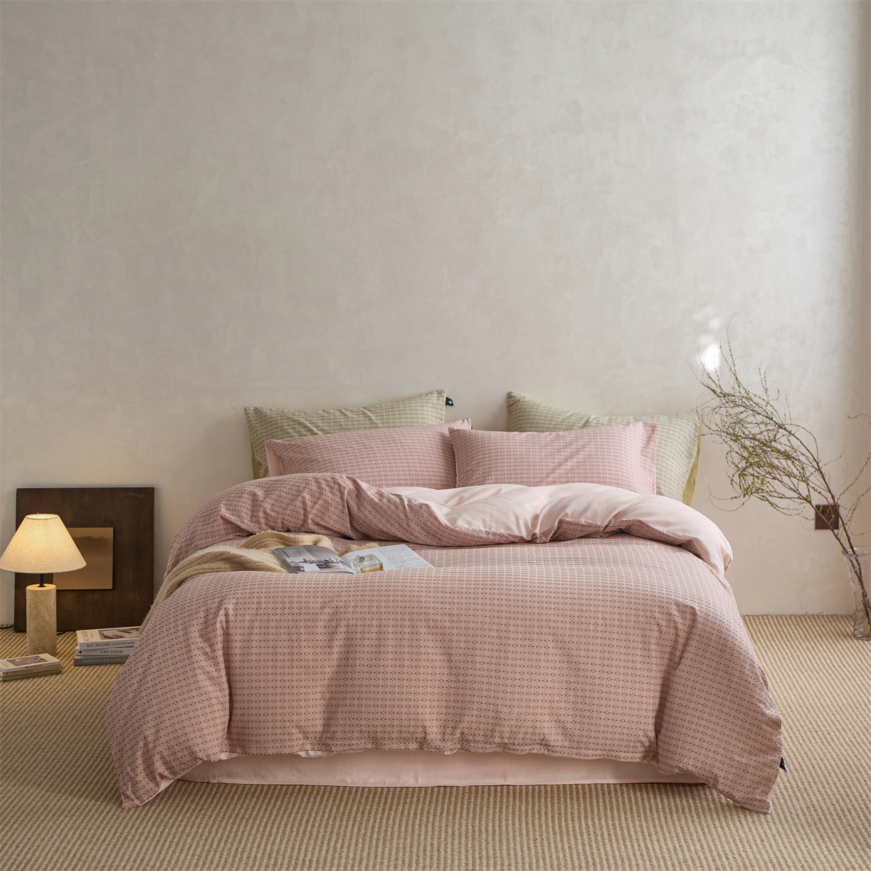 91家纺网 家纺一手货源 找家纺  安莱生活 2026年新款水洗棉提花松栗小禾四件套 松栗小禾-豆沙