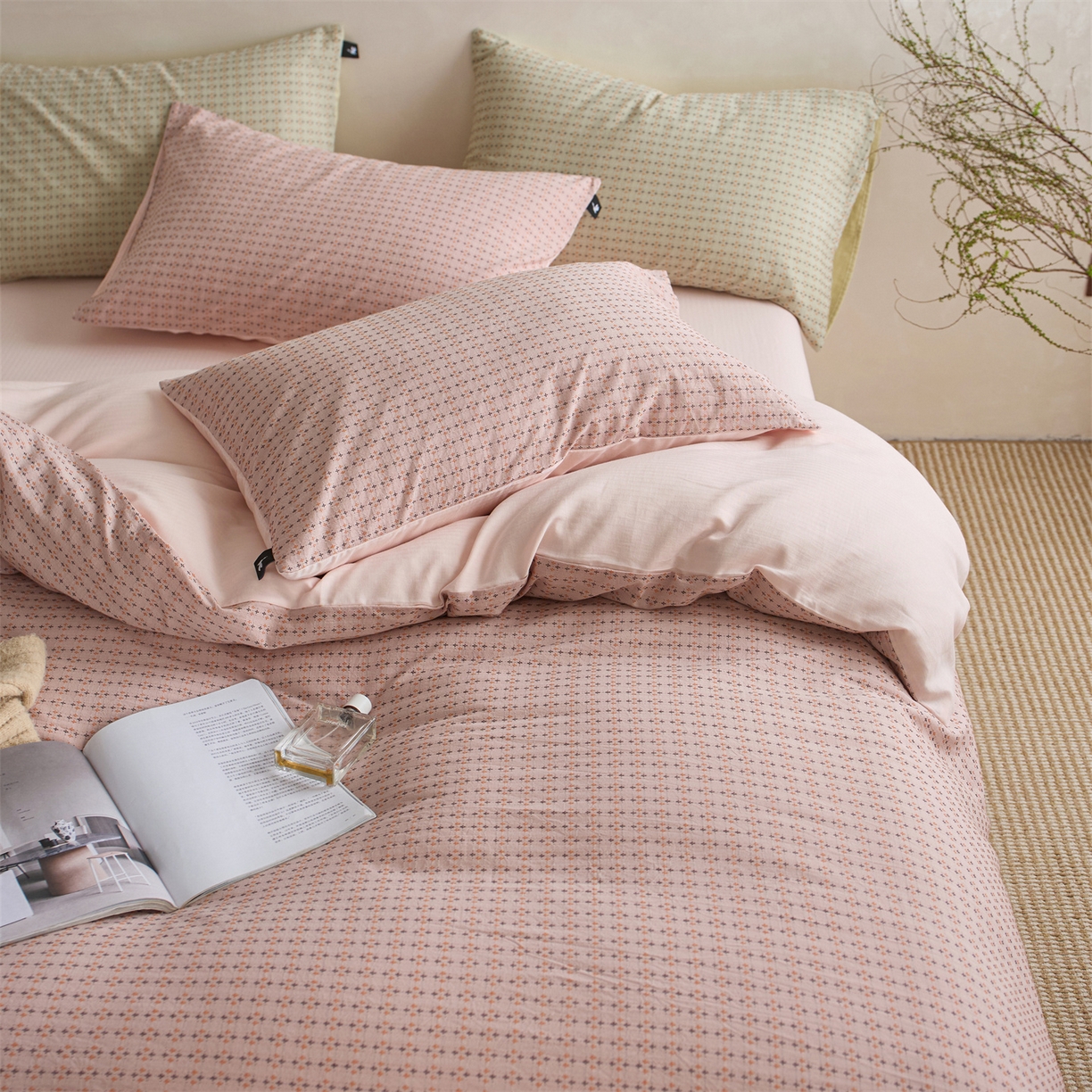 91家纺网 家纺一手货源 找家纺  安莱生活 2026年新款水洗棉提花松栗小禾四件套 松栗小禾-豆沙