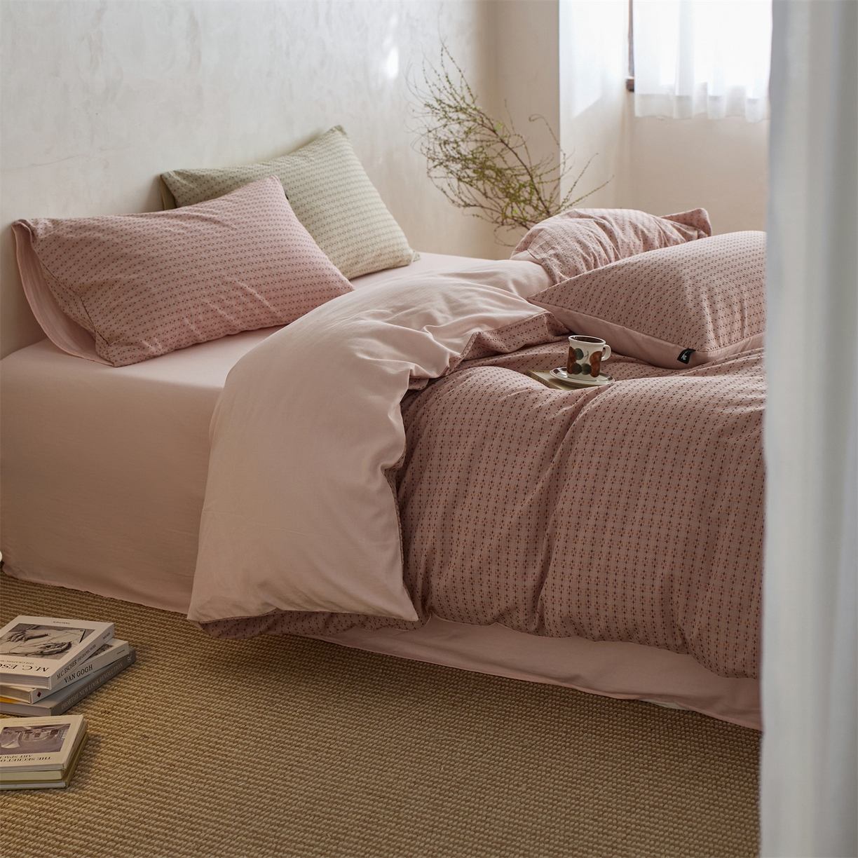 91家纺网 家纺一手货源 找家纺  安莱生活 2026年新款水洗棉提花松栗小禾四件套 松栗小禾-豆沙