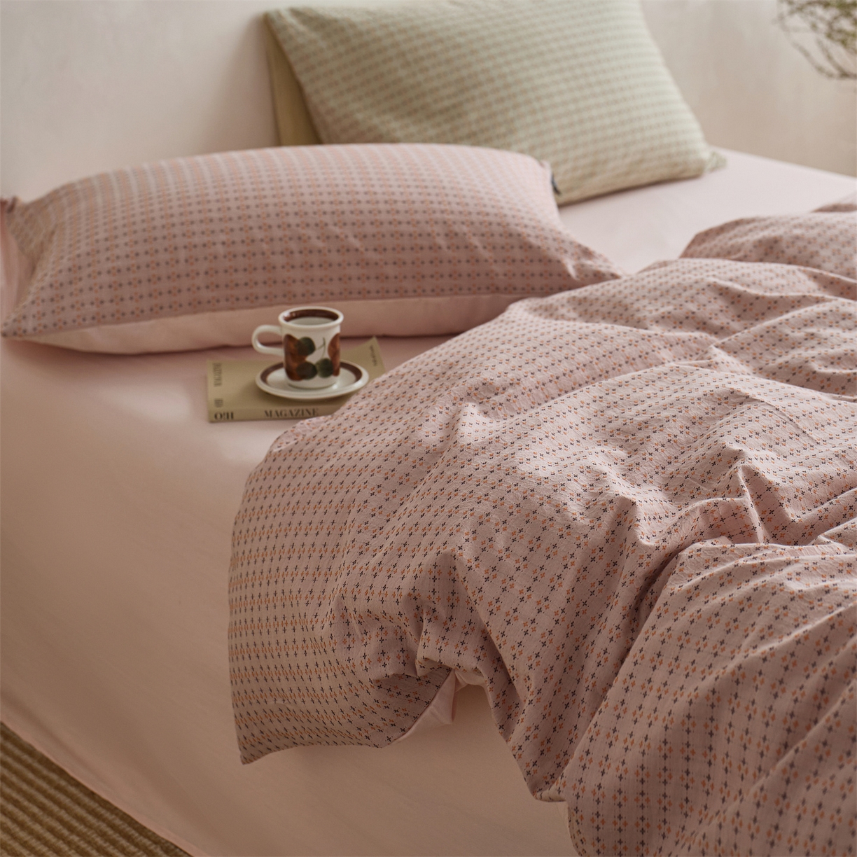 91家纺网 家纺一手货源 找家纺  安莱生活 2026年新款水洗棉提花松栗小禾四件套 松栗小禾-豆沙