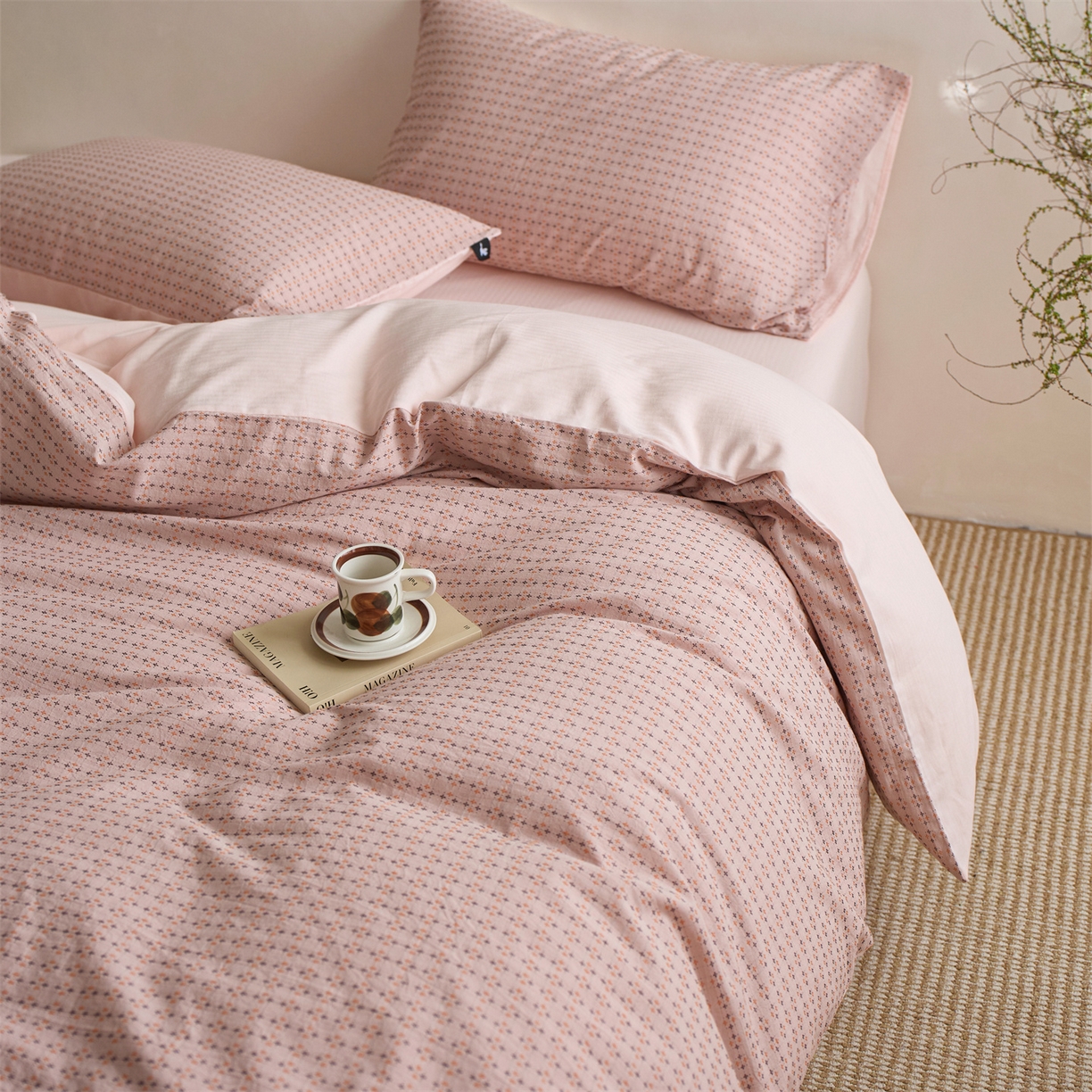 91家纺网 家纺一手货源 找家纺  安莱生活 2026年新款水洗棉提花松栗小禾四件套 松栗小禾-豆沙