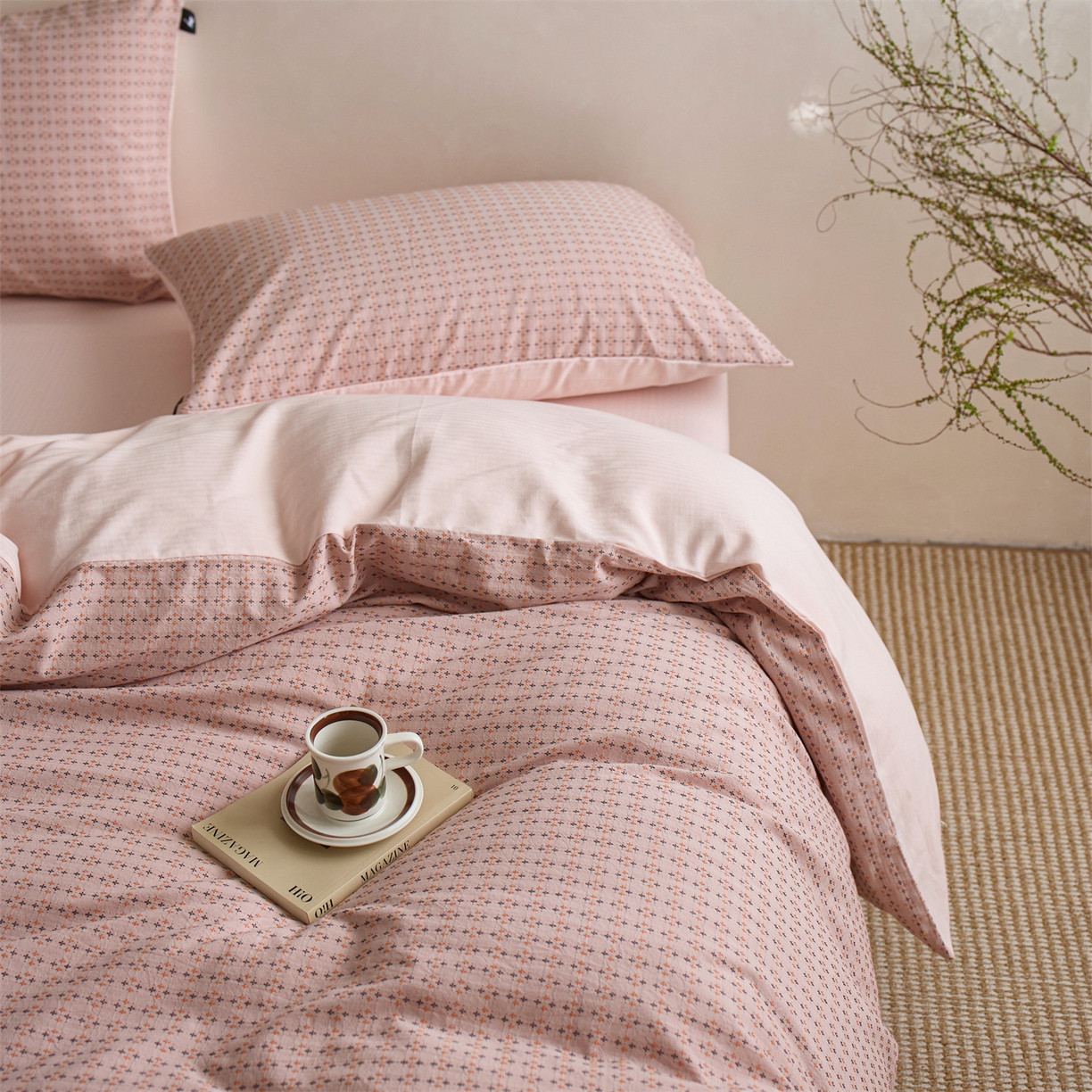 91家纺网 家纺一手货源 找家纺  安莱生活 2026年新款水洗棉提花松栗小禾四件套 松栗小禾-豆沙