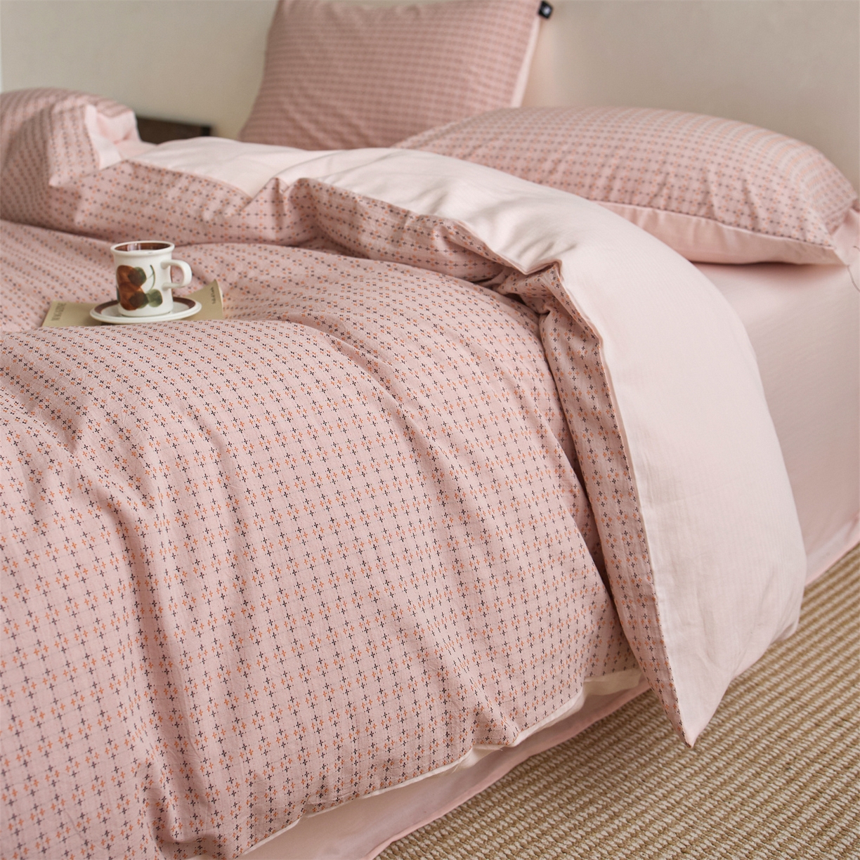  安莱生活 2026年新款水洗棉提花松栗小禾四件套 松栗小禾-豆沙