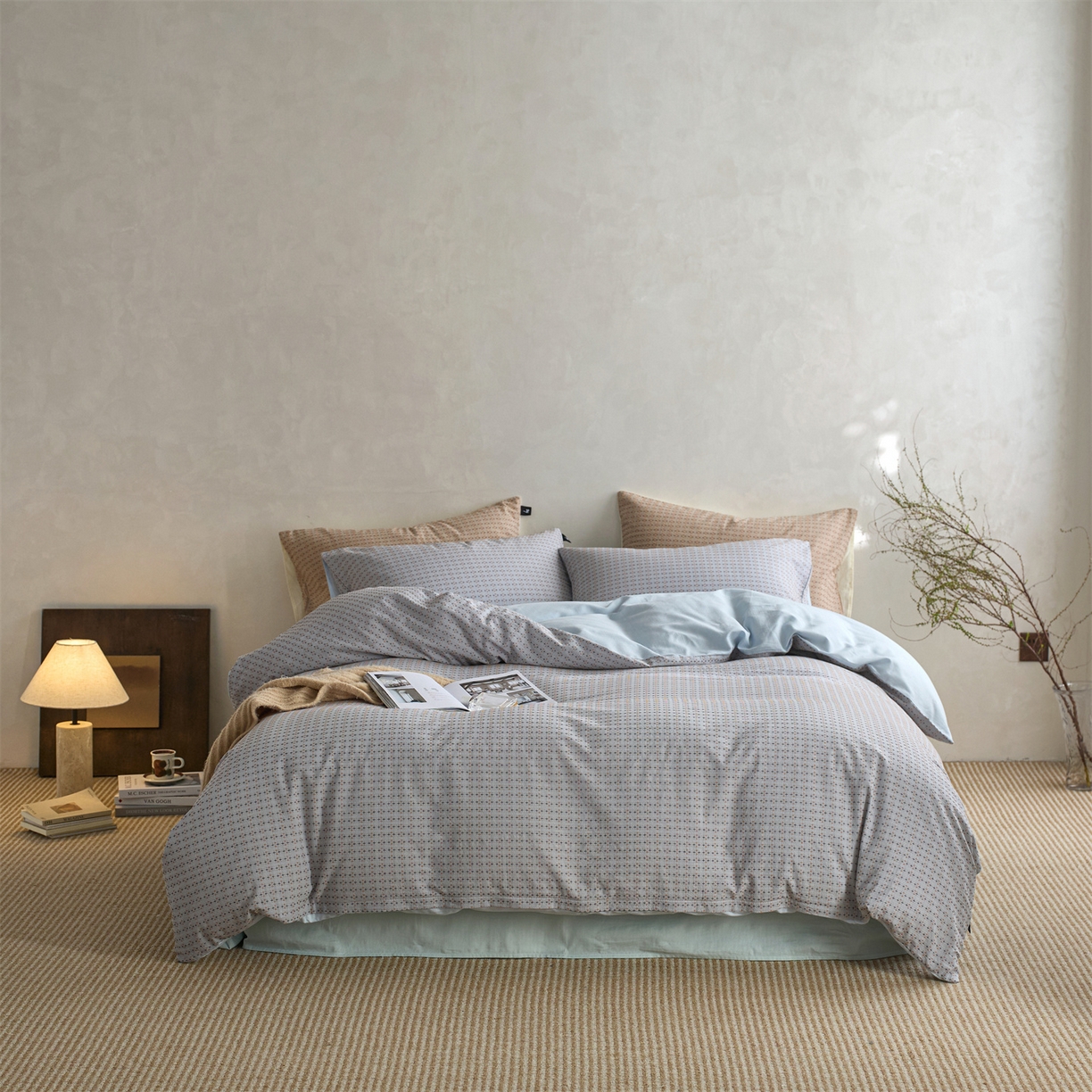 91家纺网 家纺一手货源 找家纺  安莱生活 2026年新款水洗棉提花松栗小禾四件套 松栗小禾-灰蓝