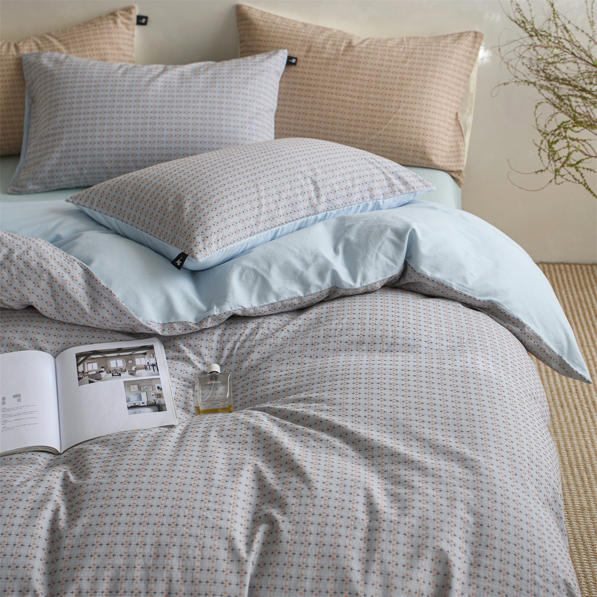 91家纺网 家纺一手货源 找家纺  安莱生活 2026年新款水洗棉提花松栗小禾四件套 松栗小禾-灰蓝