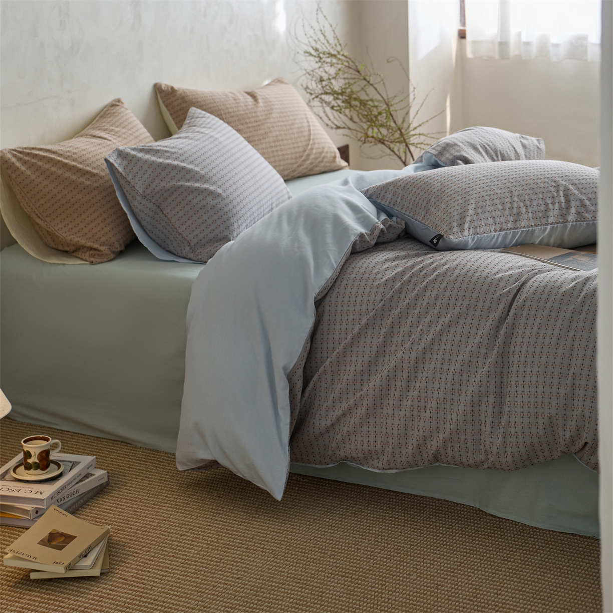 91家纺网 家纺一手货源 找家纺  安莱生活 2026年新款水洗棉提花松栗小禾四件套 松栗小禾-灰蓝