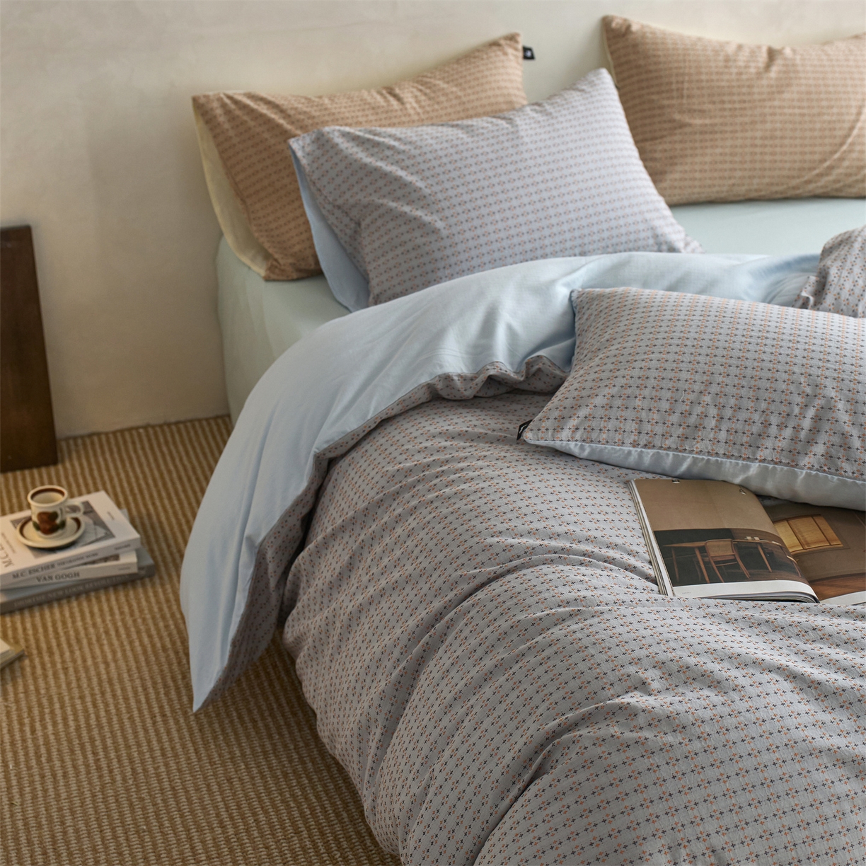 91家纺网 家纺一手货源 找家纺  安莱生活 2026年新款水洗棉提花松栗小禾四件套 松栗小禾-灰蓝