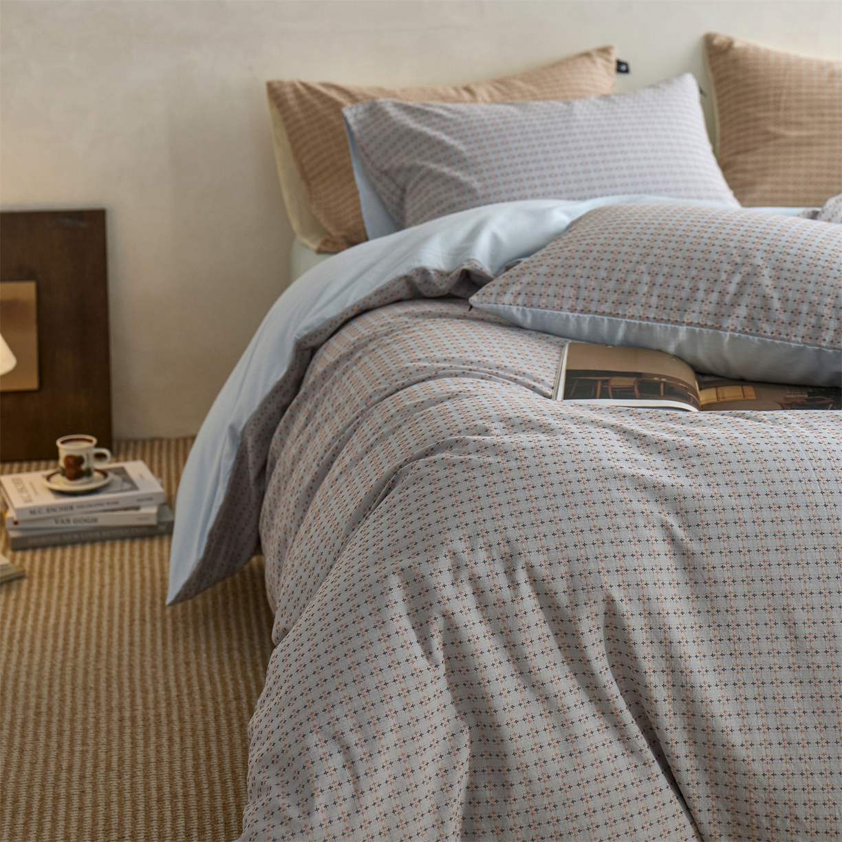 91家纺网 家纺一手货源 找家纺  安莱生活 2026年新款水洗棉提花松栗小禾四件套 松栗小禾-灰蓝