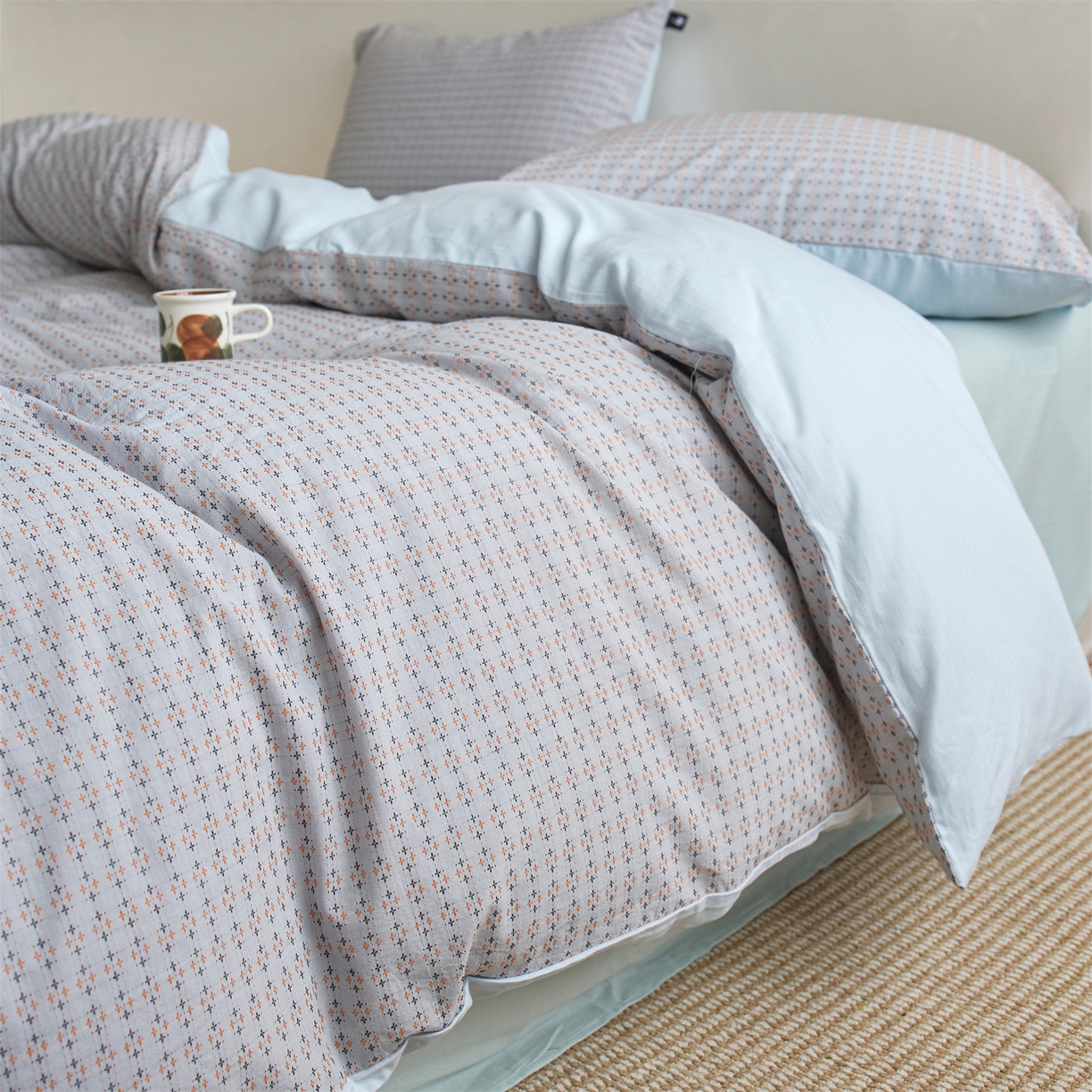  安莱生活 2026年新款水洗棉提花松栗小禾四件套 松栗小禾-灰蓝