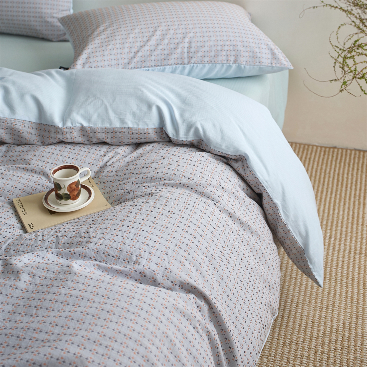 91家纺网 家纺一手货源 找家纺  安莱生活 2026年新款水洗棉提花松栗小禾四件套 松栗小禾-灰蓝